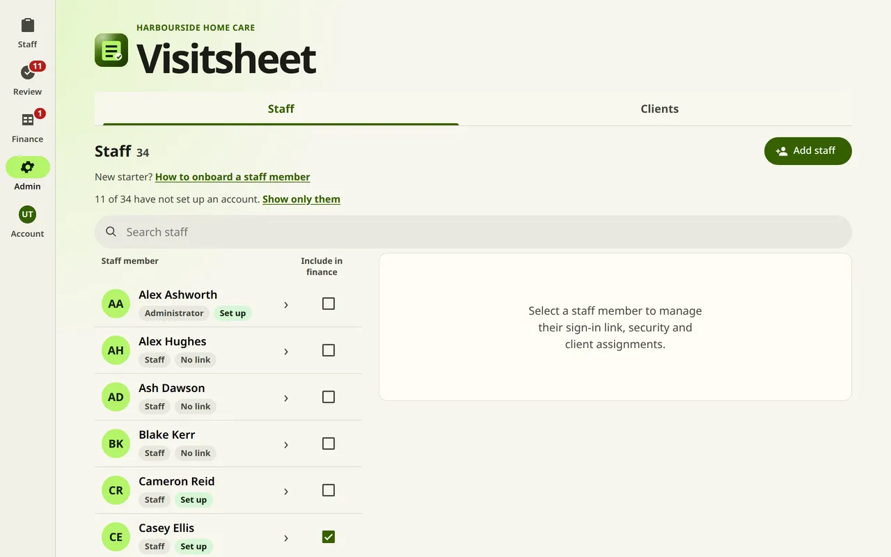 The Admin page. It lists the staff with their roles and their setup status, and has a button to add staff.