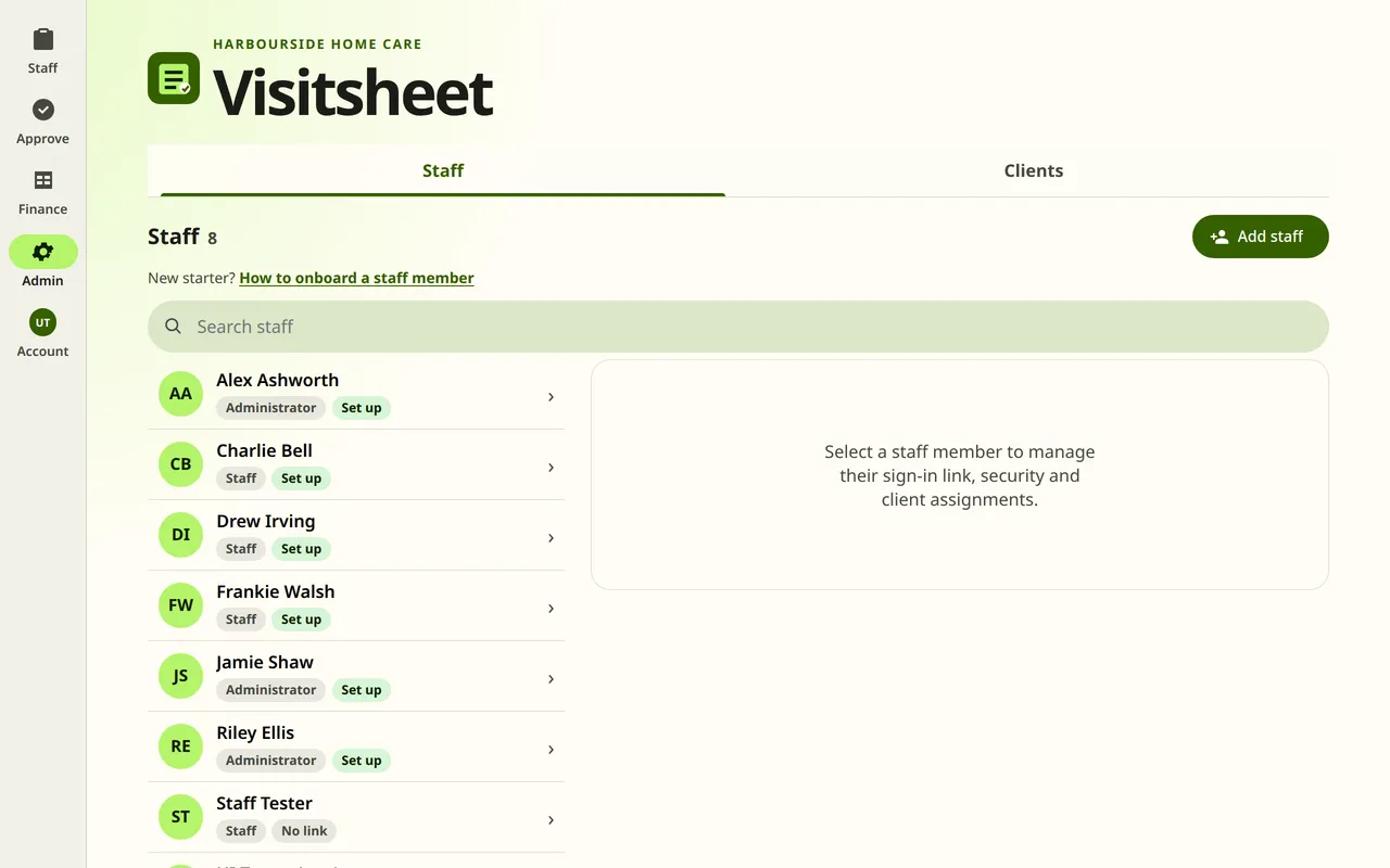 The Admin page. It lists the staff with their roles and their setup status, and has a button to add staff.
