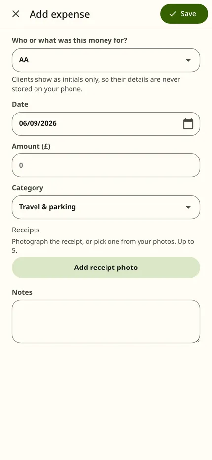 The Add expense form on a phone. It has fields for the purpose, date, amount and category, with a button to add a receipt photo.