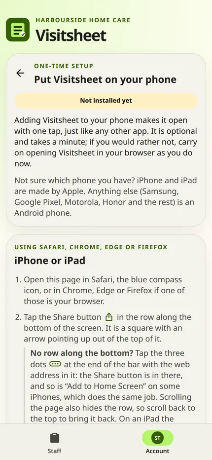 The installation guide on a phone. The page is titled Put Visitsheet on your phone and shows the steps for an iPhone or iPad.
