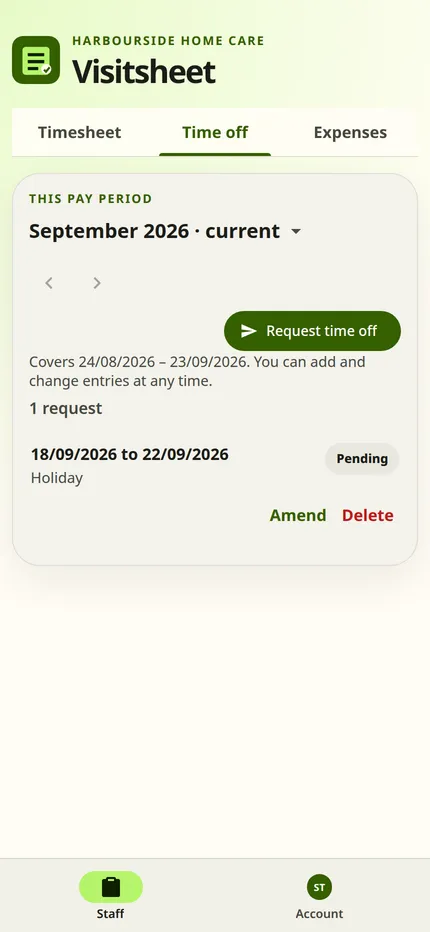 The Time off tab on a phone. It shows a Request time off button and an upcoming holiday with a Pending status, with Amend and Delete beneath it.